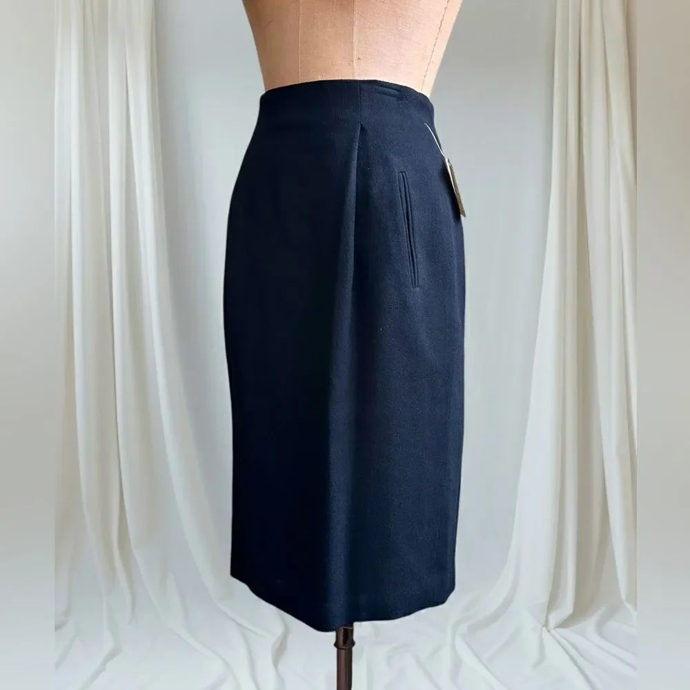 Vintage Anne Klein II Black Crepe Wool Pencil Skirt with Pockets size XS NWT